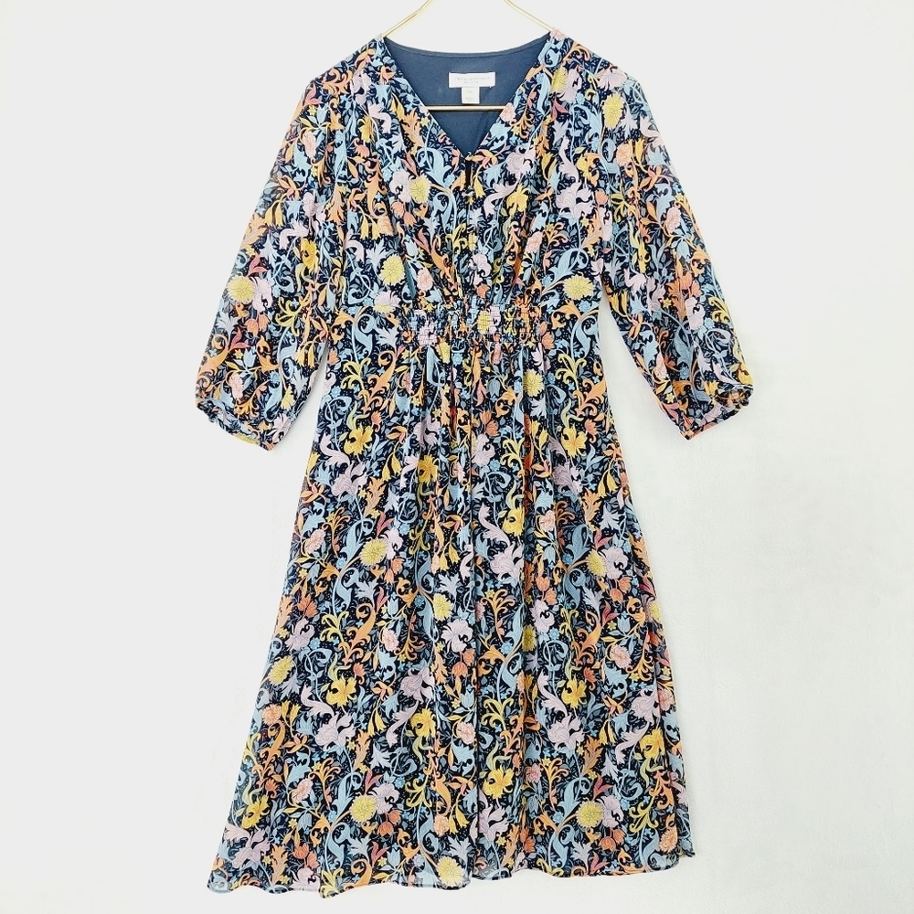 Christopher & Banks Women's Multicolor Floral 3/4 Sleeve Midi Dress P3487